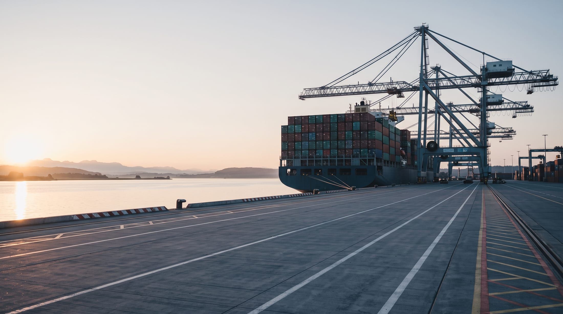 Loaded container ship at the quay beneath the terminal cranes